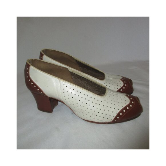 Vintage 1940's Flite Step Brown/White Leather Spectator Peep-Toe Pumps Pin-Up 6 - Picture 1 of 9